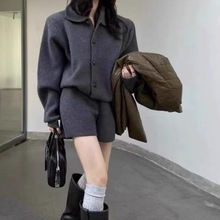 韩系穿搭针织两件套女秋冬新款高级感Polo领针织衫高腰短裤套装女