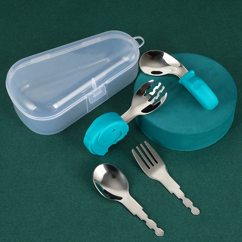 Spoon for baby, fork, children's silicone set, teaching tableware stainless steel for training, (Cross-border trading)