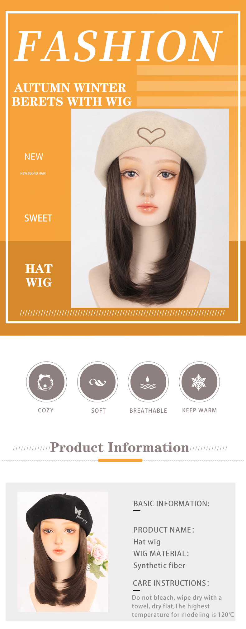 Perücke Herbst und Winter Samt Baskenmütze Hut Perücke kurze glatte Haare leicht lockige Hut Perücke alles in einem_voghion.com