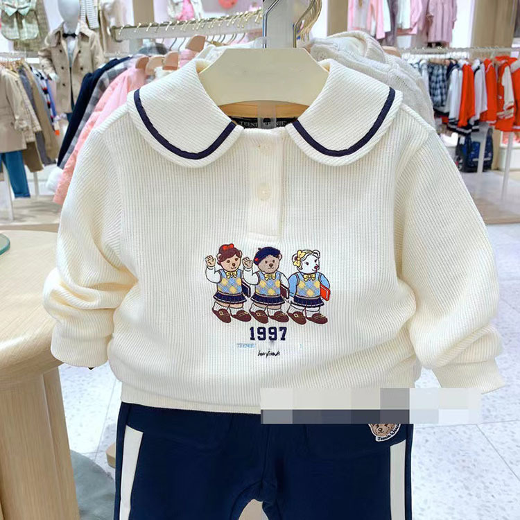2023 New Winter Children's Clothing Girl's Navy Collar Hoodie Embroidered Bear Square Neck Long Sleeve Hoodie Trendy