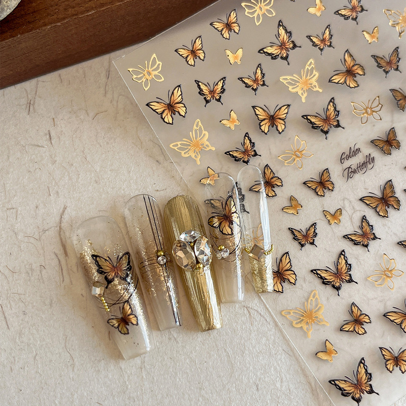 New bronzing embossed butterfly nail art stickers golden exquisite hollow line with adhesive nail decorations wholesale