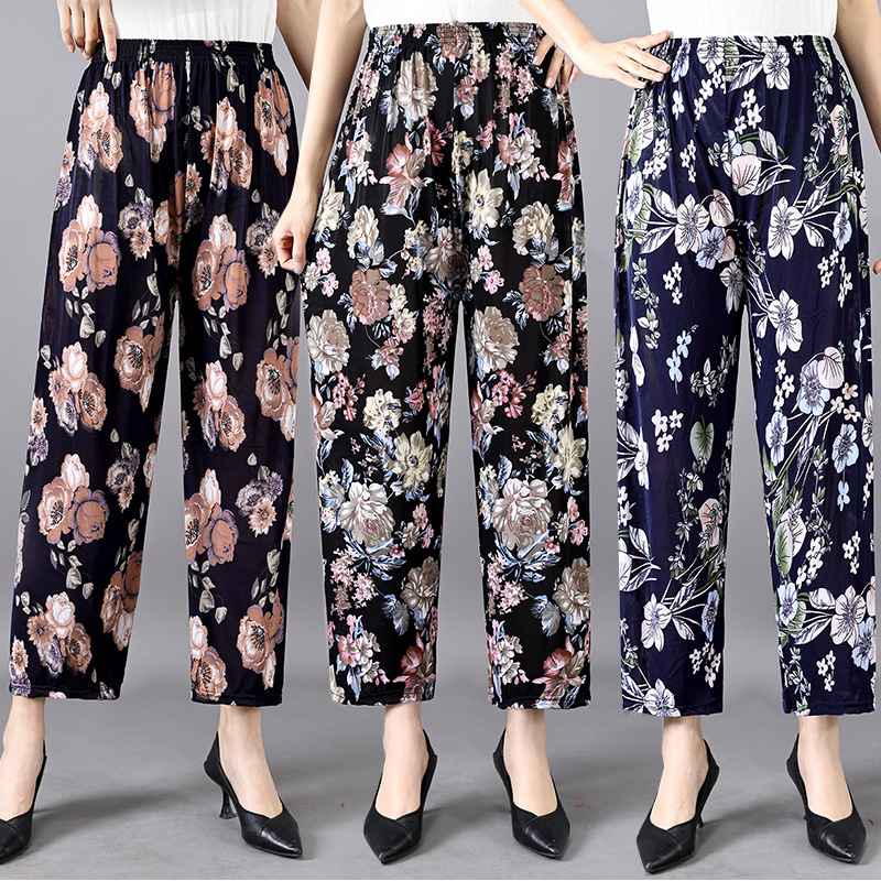 薄款女士加肥花裤直筒宽松家居广场休闲冰丝透气九分妈妈裤