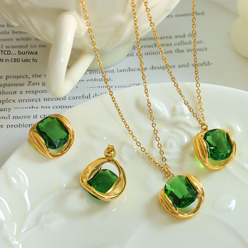 Korean neutral style Dongdaemun ancient-style personalized temperament emerald crystal pendant necklace earring set jewelry set