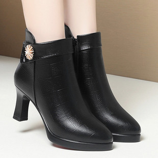 Short boots women's autumn and winter New High heel pointed fashion boots thick bottom waterproof platform leather boots women's middle-aged fleece-lined women's boots