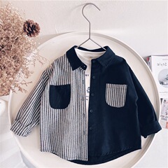春秋男女童裝襯衫寶寶洋氣兒童個性潮AB拼色條紋時髦網紅韓版襯衣