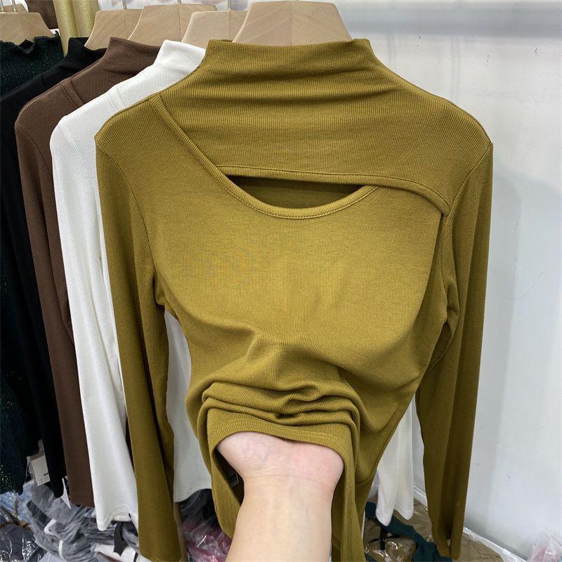 Derong Design Cut Out Chest-Exposed Half Turtleneck Long-Sleeved T-Shirt Women's Winter New Inner Layering Shirt Top