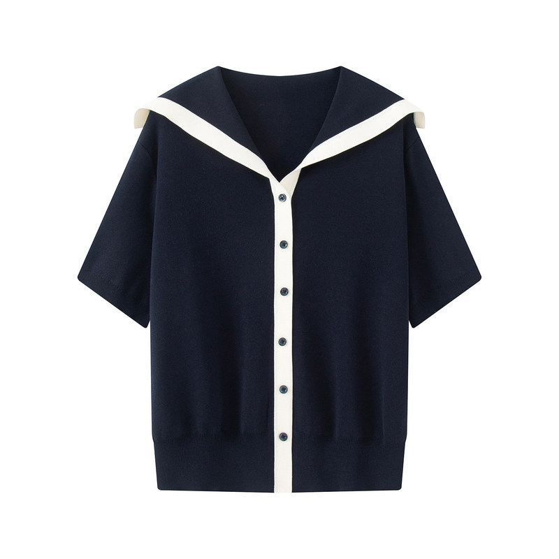 2026 New Summer Style Contrasting Color Buttoned Navy Collar Short-Sleeved Knitwear Cardigan Top for Women 2474