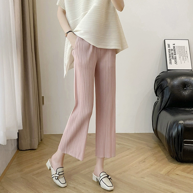 Плиссированные летние брюки Miyake 2025, девятитычные брюки, женские повседневные, высокая талия, прямые, стройнящие, свободные