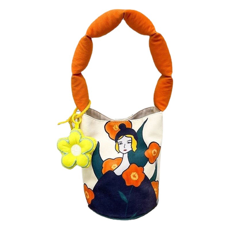 Nueva Ilustración Creativa correa de hombro llena de algodón bolsa de cubo bolsa de hombro Montaña y Mar Sutra portátil bolso de lona artística al por mayor