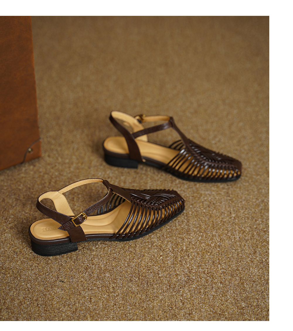 Sandal nữ quai dệt mảnh mũi vuông gót phẳng — màu nâu chi tiết 14
