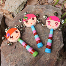 热卖卡通木质笑脸拨浪鼓摇铃传统双面宝宝婴儿玩具早教木制教具