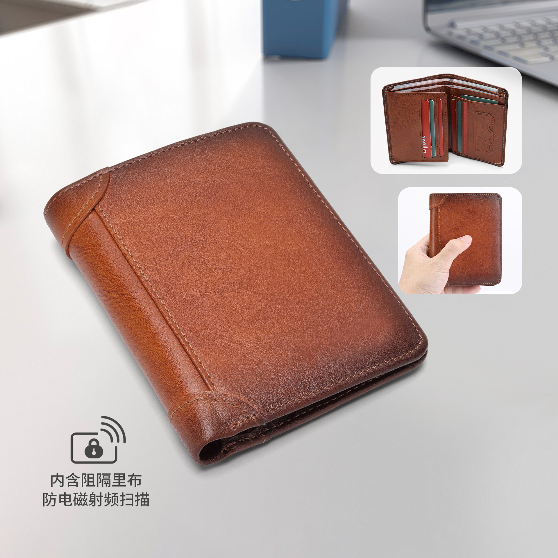 Cartera corta transfronteriza todo en uno con tres pliegues Cartera de licencia de conducir antirrobo multifuncional para hombres Cartera de cuero ultrafino para hombres