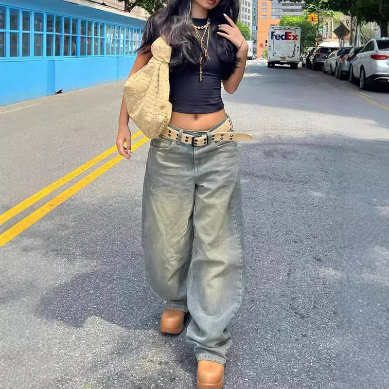 Cross-border Foreign Trade Amazon Europe and America Retro Old Blue Boyfriend Jeans Women's Loose Straight Casual Mop Pants