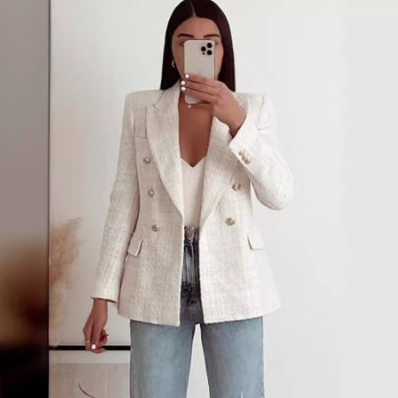 2024 Amazon Aliexpress New Urban Casual Women's Textured Double-Breasted Blazer