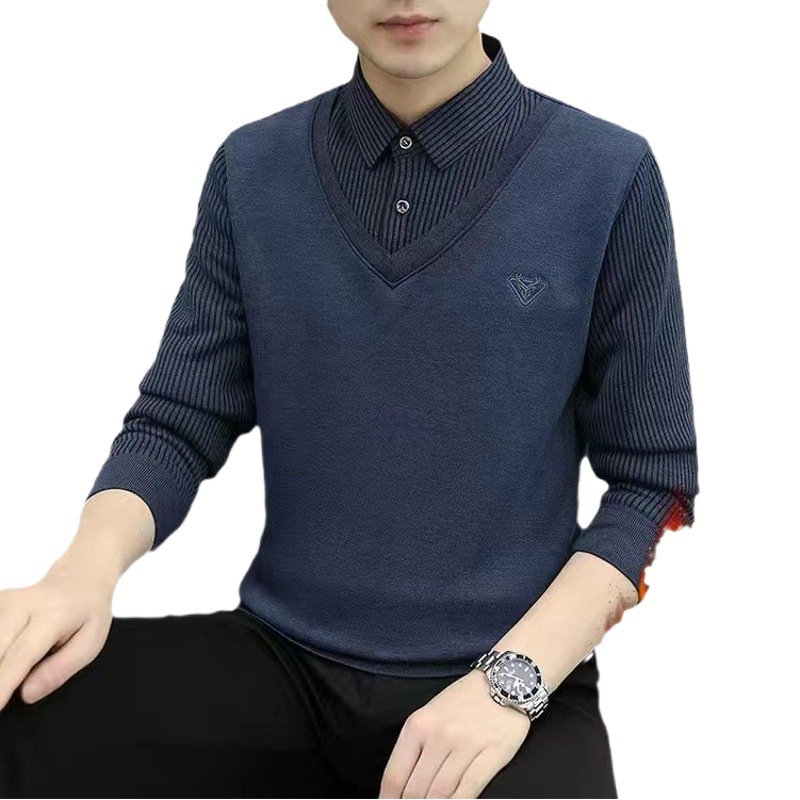 Entrega de una pieza Otoño e Invierno camisa de hombre manga larga forrada de lana gruesa cardigan falso suéter de punto juvenil de dos piezas