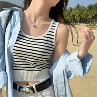 Black and White Striped Knitted Camisole Vest 2025 Spring and Summer New Women's Wear Sleeveless Base Top