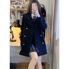 2025秋冬复古高级感港风藏蓝色小个子搭配显高呢子大衣毛呢外套女