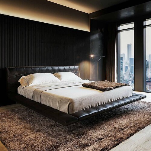 Onda Genuine Leather Bed: Barcelona Designer Pouf-Style Plaid, Floating Design, Italian Minimalist Double Bed with Sleek Side Rails