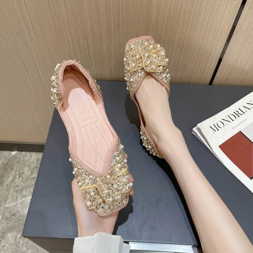 Women's Spring Bow Flat Slip-on Square Toe Soft Sole Fairy Bean Bean Shoes for Girls