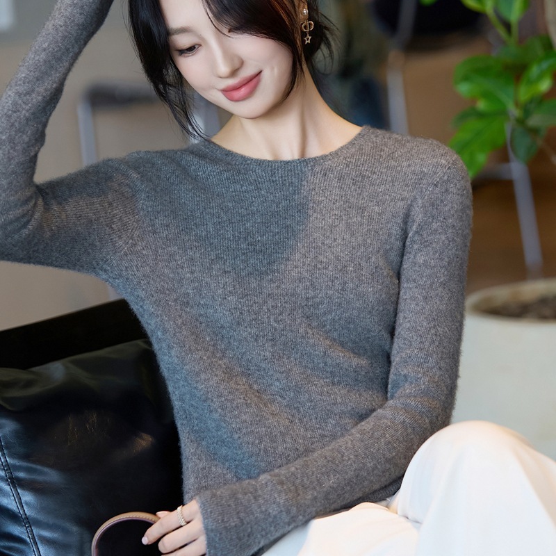 法式圆领无缝一体100羊毛针织衫女2025新款修身内搭毛衣打底衫|undefined