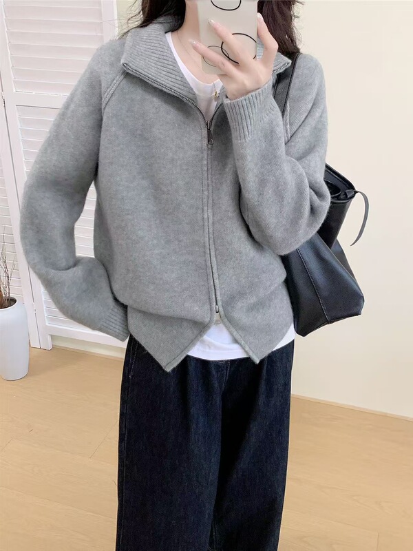 跨境外贸纯色立领拉链毛衣外套秋冬新款宽松加厚软糯针织开衫上衣|undefined
