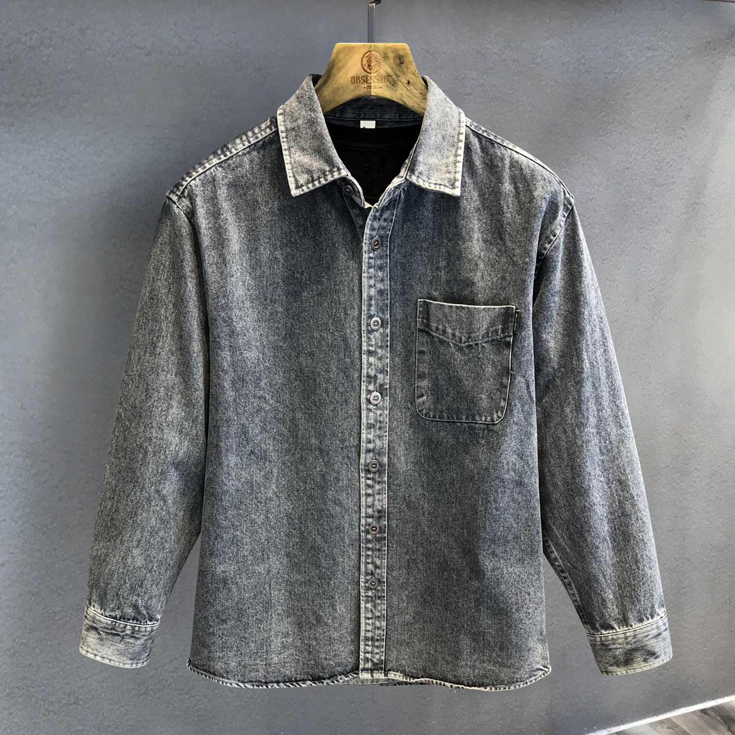 Férfi farmer ing retro stílusú mosott hosszú ujjú munkásing_voghion.com