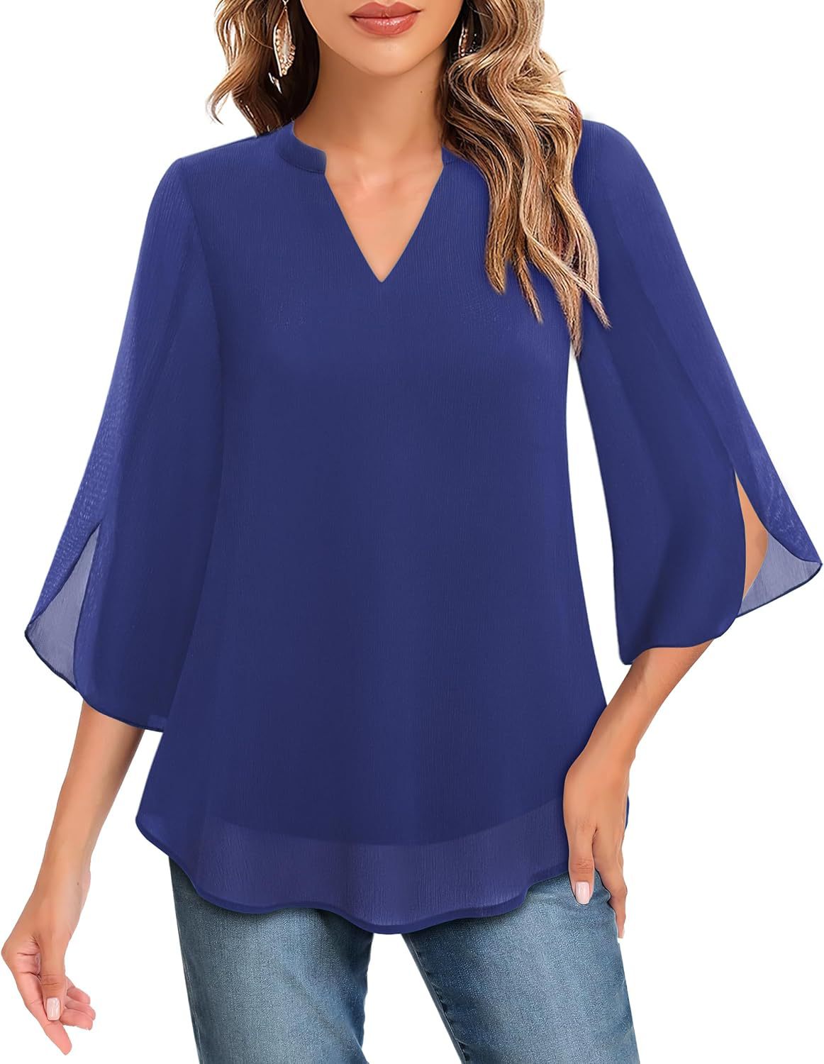 Damen Chiffonbluse Mit V-ausschnitt Und Blütenärmeln_voghion.com