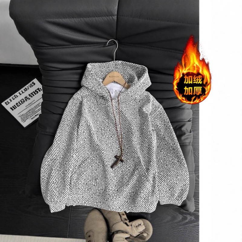 Chenille Black and White Stripesd Heavy Hooded Pullover Sweatshirt for Men in Autumn and Winter Small Fragrance Style High-End Loose Velvet Jacket