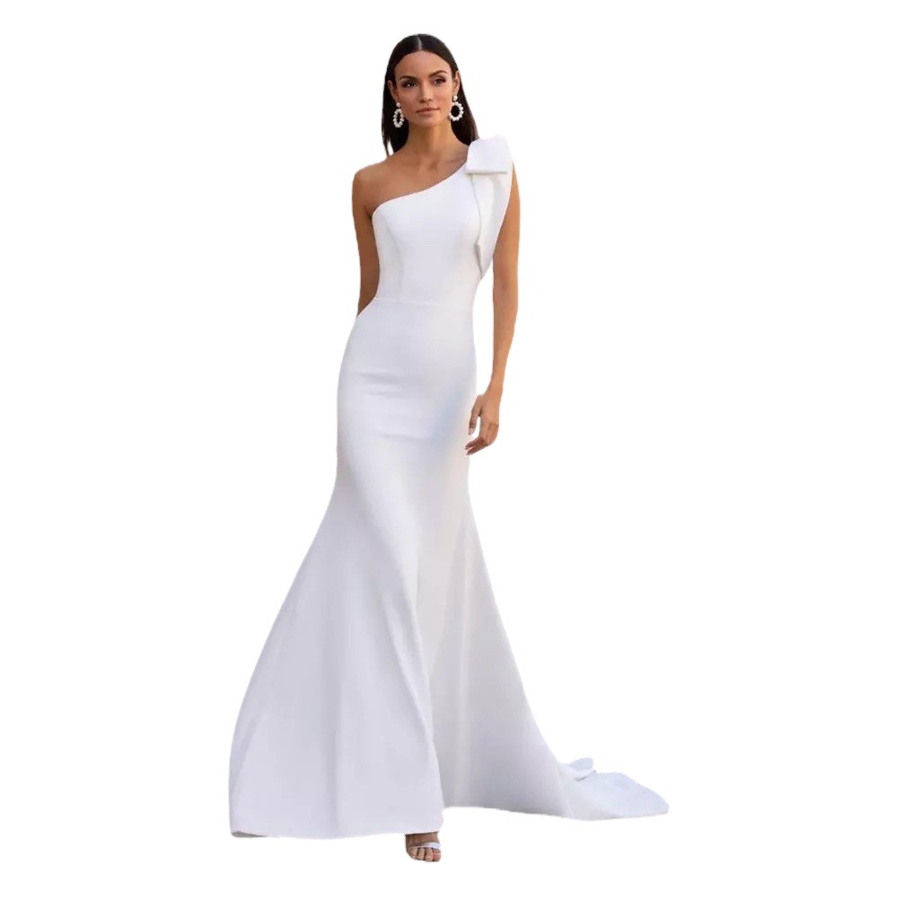 Europeo y americano Amazon Comercio exterior satén sirena vestido de novia un hombro Blanco/Marfil cinturón costero mariposa image 1
