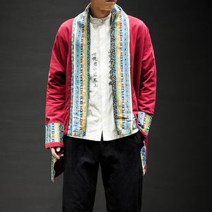 2023 autumn and winter New Japanese retro kimono cardigan cotton and linen coat windbreaker color matching ancient costume top men's clothing wholesale