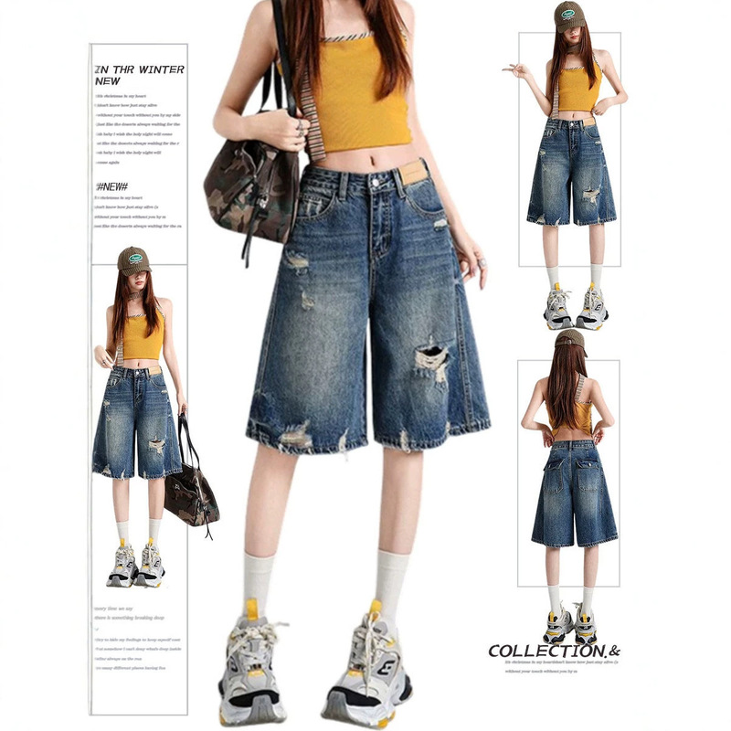 American Retro Style Ripped Denim Shorts for Women, Summer 2026 New Loose Fit Mom-Style Straight Wide-Leg 5-Inch Shorts