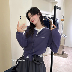 thelimon柠檬绿茶秋季简约风设计感刺绣字母羊毛针织开衫外套女