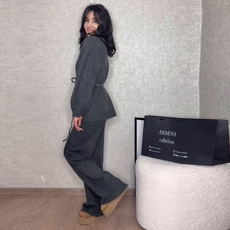 2025 nueva ropa de mujer Europa y América Amazon comercio exterior transfronterizo herringbone cardigan alto pantalón gris alto dos piezas