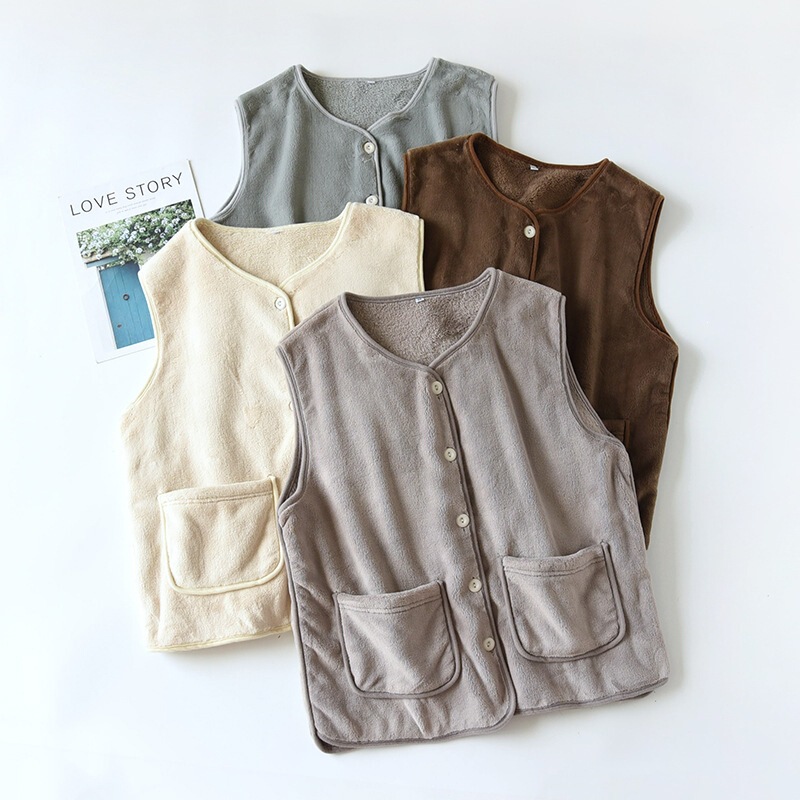 Autumn and winter flannel sleeveless home wear pajamas for women, thick cardigan, loose coral fleece top, warm vest