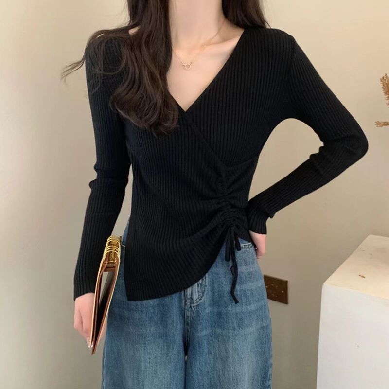 秋冬新款纯欲v领长袖针织打底衫毛衣女内搭设计感抽绳修身上衣潮|undefined