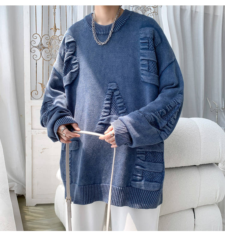 Men's Oversized Knit Sweater Round Neck Streetwear Pullover_voghion.com
