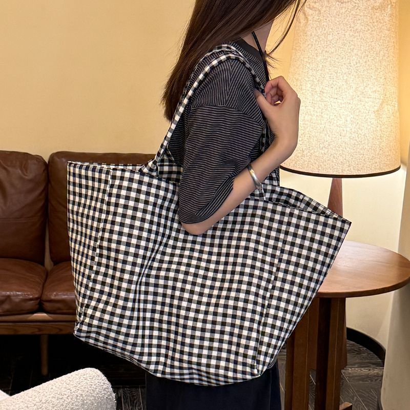 2025 New Large Capacity Plaid Canvas Bag Student Shoulder Shopping Bag Portable Retro Tote Bag Women's Backpack