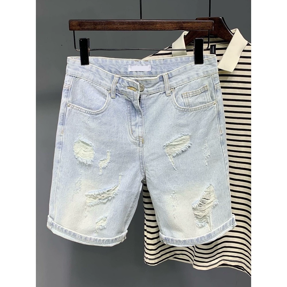 Американские ретро джинсовые шорты мужские летние дыры рыхлые приливные бренды высокого класса светлый большой размер, носите пять очков в брюках среднего размера