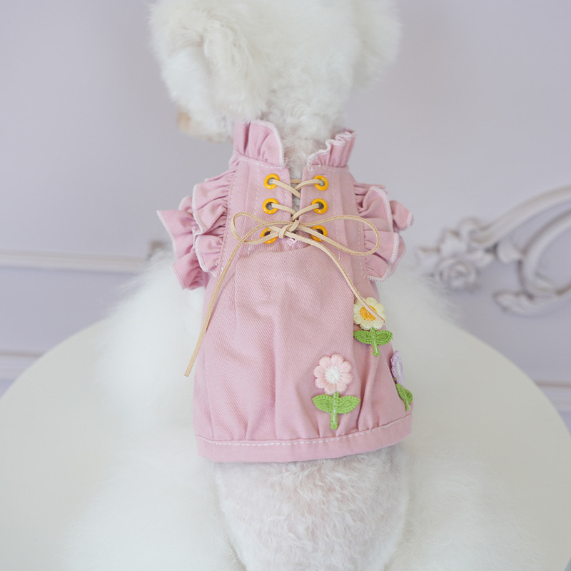 新款宠物狗秋天衣服约克夏重工日韩小清新淑女两脚衣穿绳牛仔小衫|undefined