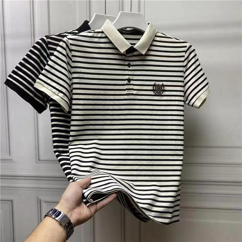 2025 Summer European Trendy Brand Polo Shirt for Men, Striped Embroidery Short Sleeve Men's Turn-Down Collar Top, Large Size T-Shirt Trend 2025 Summer European Trendy Brand Polo Shirt for Men, Striped Embroidery Short Sleeve Men's Turn-Down Collar Top, Large Size T-Shirt Trend