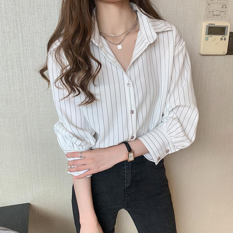 2025秋季新款条纹衬衫女设计感小众轻熟长袖雪纺上衣复古职业衬衣|undefined
