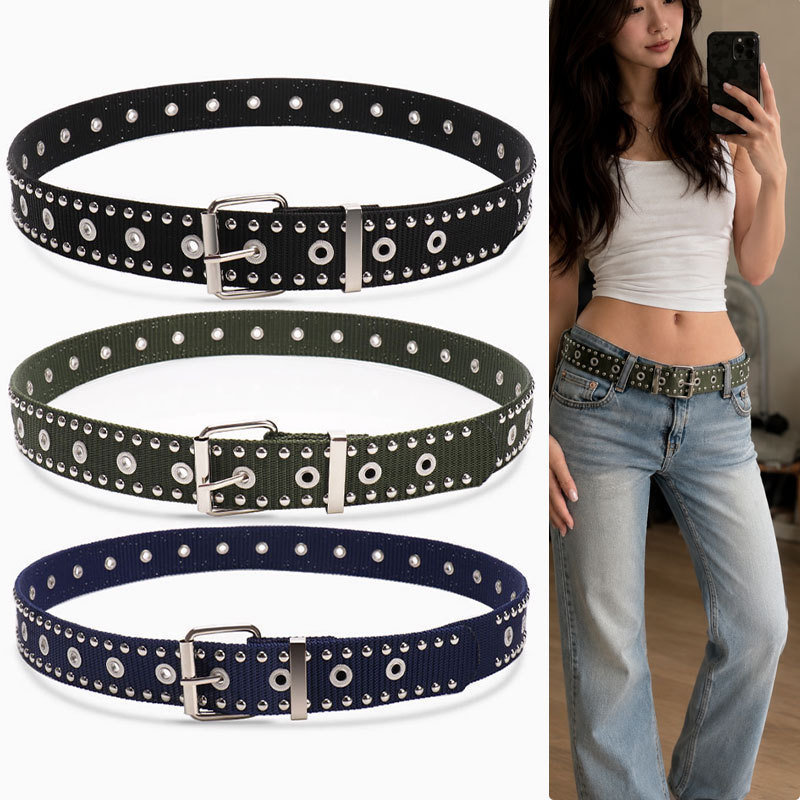Cross-Border European and American Style Personalized Punk Belt for Men and Women, Decorated with Double-Row Claw Beads, Paired with Jeans, Made of Faux Nylon Webbing