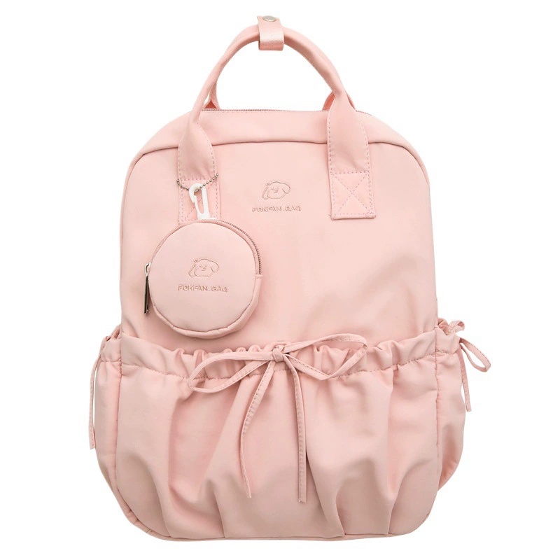 Japanese capacious backpack, shoulder bag, travel bag with bow, for students, drawstring