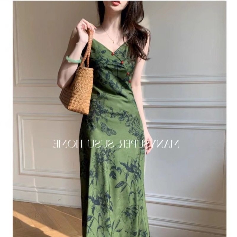 夏季新中式墨绿色高腰无袖吊带裙收腰显瘦遮肚子可爱薄款连衣裙女|undefined