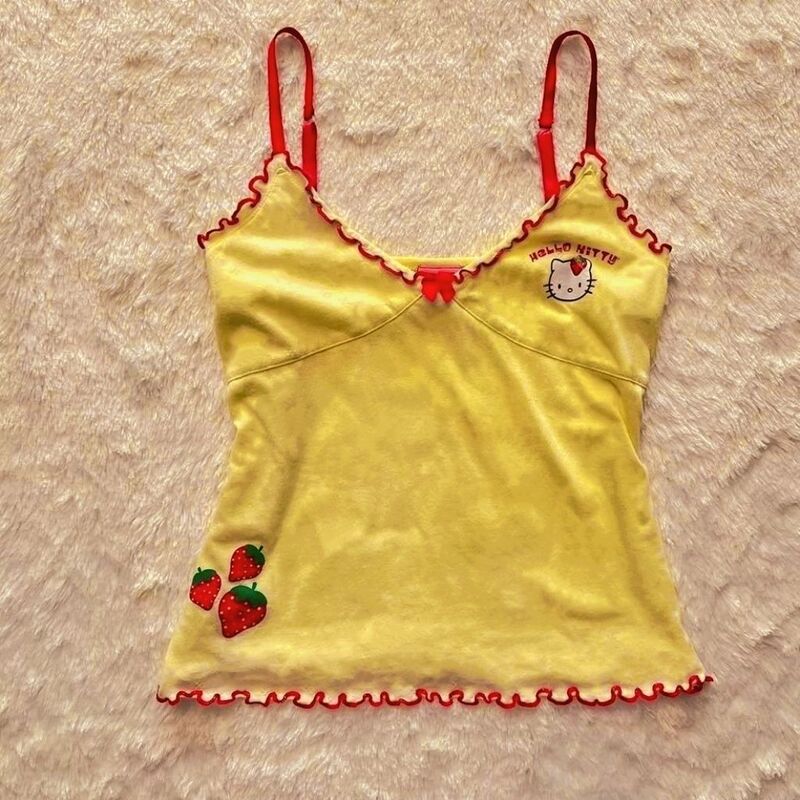 Cute Girly Sweet and Spicy Kitty Cat Strawberry Print Contrasting Dopamine Holiday Style Camisole Y2K Top