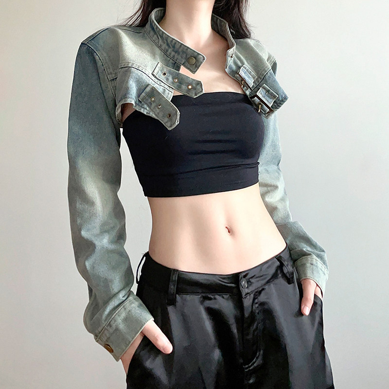 Hot Girl Style Ultra-Short Denim Jacket for Women, New Spring Design with a Shawl Collar, Versatile Street Dance Cover-Up Jacket