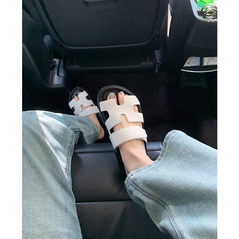 Summer H-Shoes Ugly Cute Shoes Old Head Shoes Second Uncle Shoes Thick Bottom Platform Beach One-word Slippers with Velcro for Women