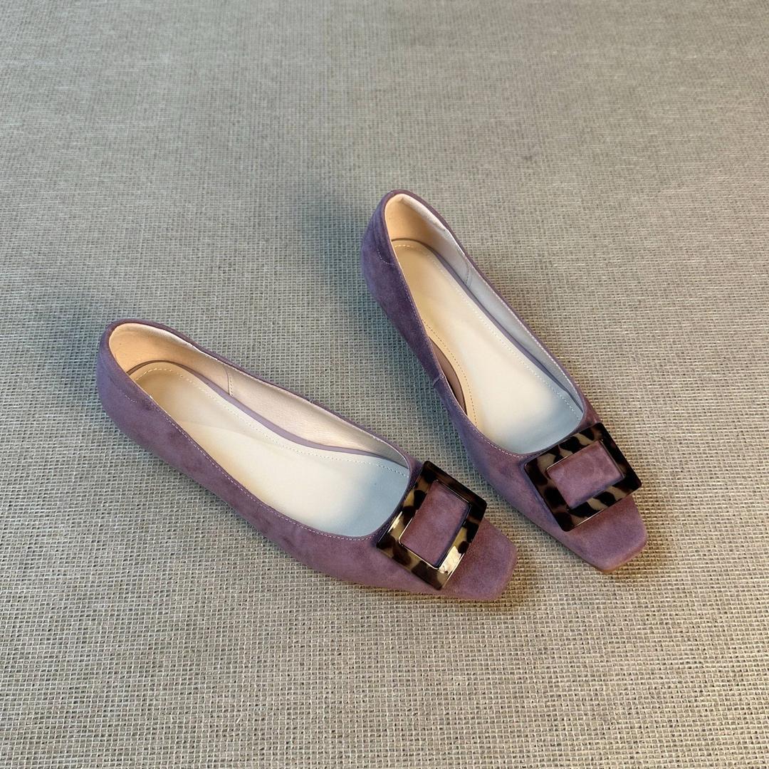 Square-toed Shallow Single Shoes For Women, Suede Leather Square...