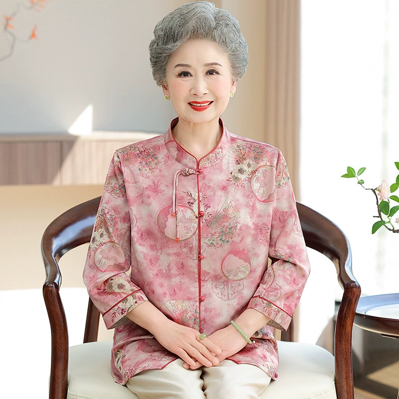 Старушка рубашка среднего и пожилого возраста женская одежда, покрывающий живот, свободная и тонкая 2025 новая бабушка с воротником