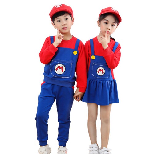 New Year's Performance Clothes for Kids - Unisex Baby Cartoon Super Mario Set - Children's Long Sleeve Two-Piece Brother and Sister Outfit